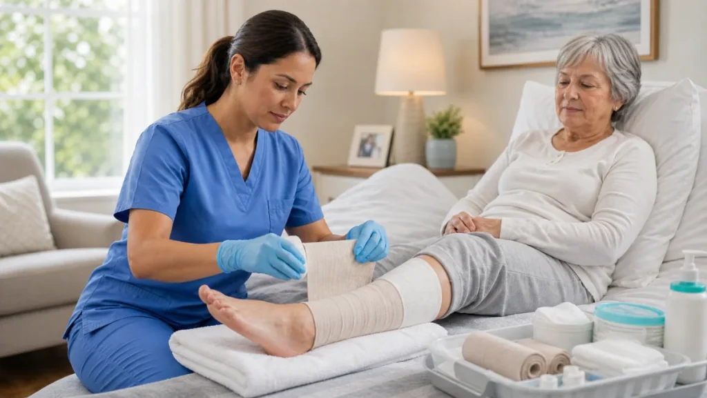 Home health nurse applying a clean compression wrap over a covered venous ulcer dressing at home