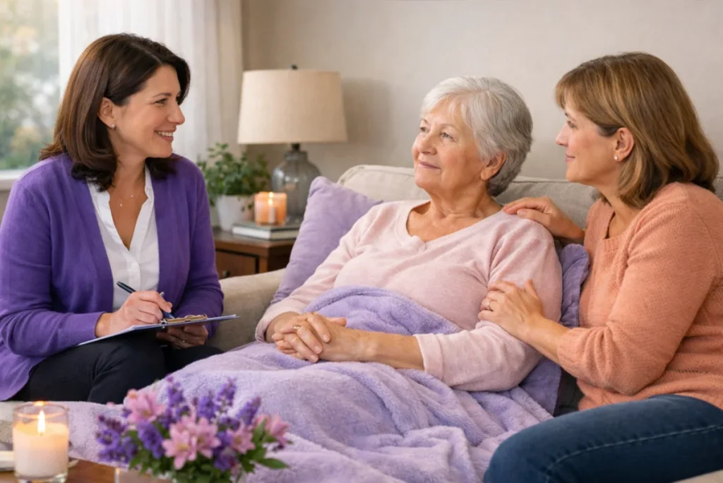 Medical social worker providing supportive counseling with an older patient and family caregiver at home