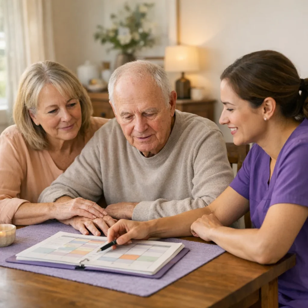 Home health professional helping an older patient and caregiver organize a dementia care routine at home