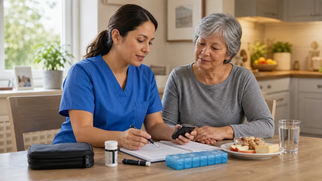 Home health nurse reviewing glucose log and diabetes supplies with an older adult patient at home