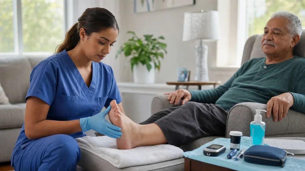 Home health nurse performing a non-graphic diabetic foot check for an older adult patient at home