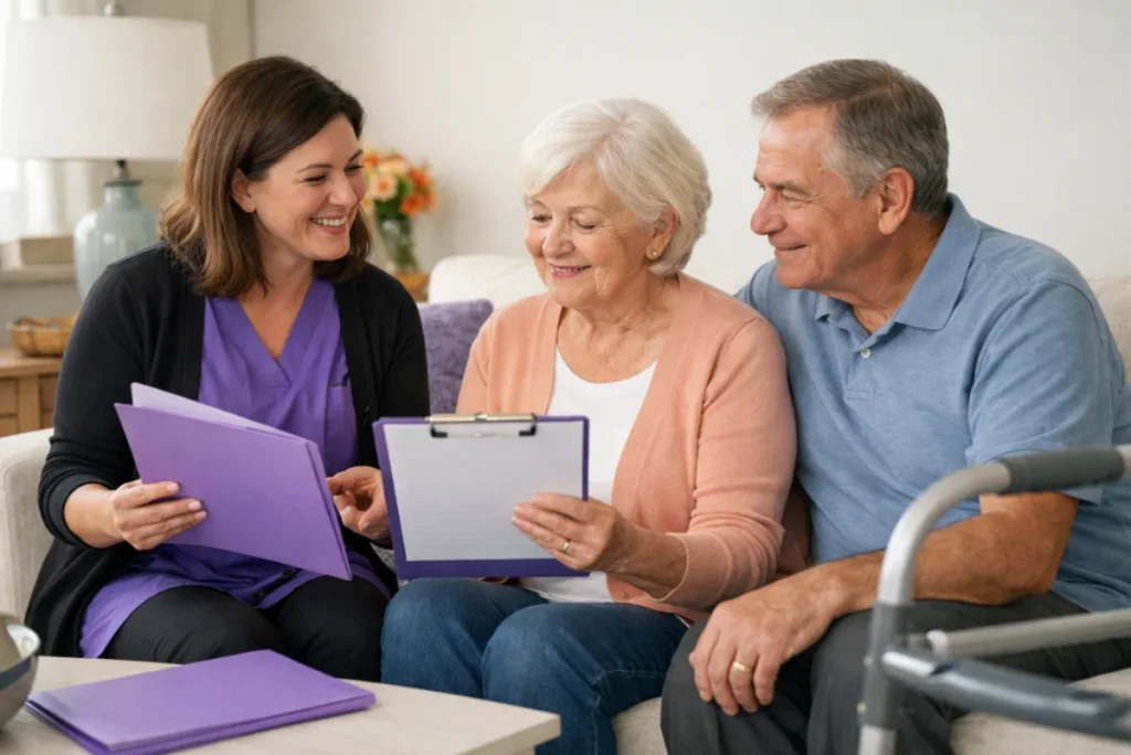 Medical social worker discussing discharge planning support with an older patient and caregiver at home