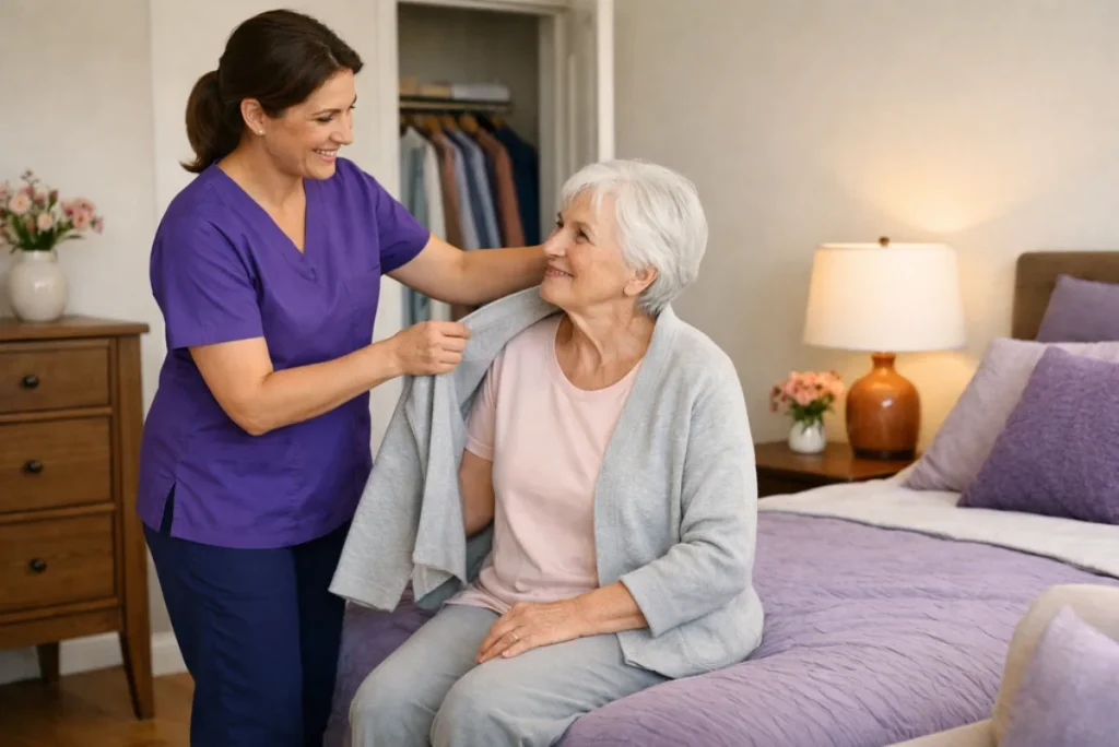 Home health aide helping an older patient with a cardigan during a dressing routine at home
