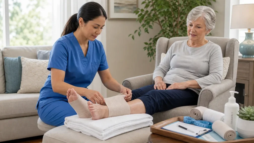 Home health nurse teaching lower leg elevation and compression wrap care for edema treatment at home