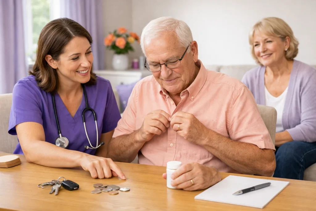 Occupational therapist helping an older adult practice fine motor skills at home