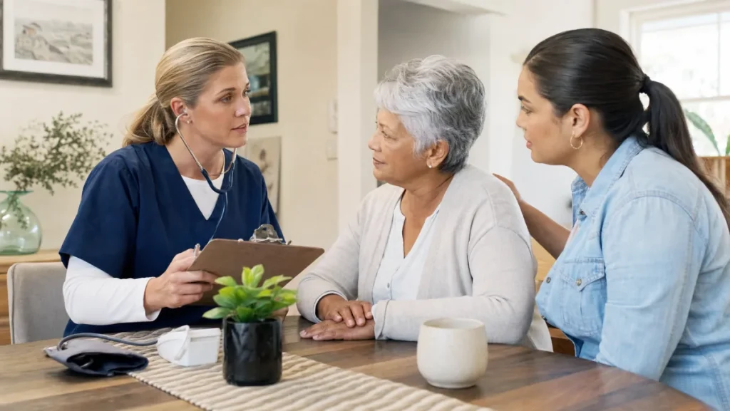 Home health nurse completing a health assessment with an older adult patient and caregiver at home