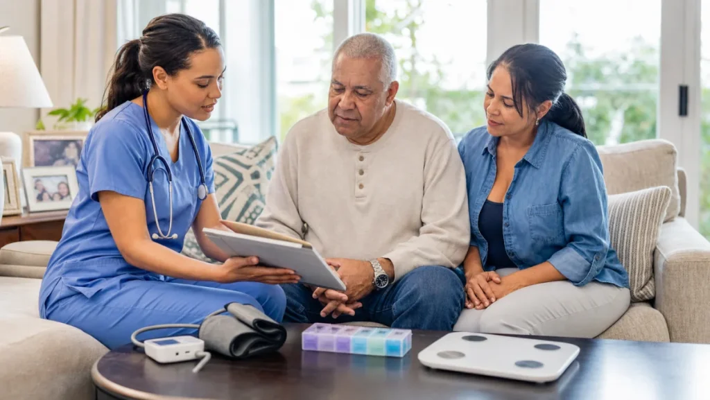 Home health nurse reviewing heart failure monitoring plan with an older adult patient and caregiver