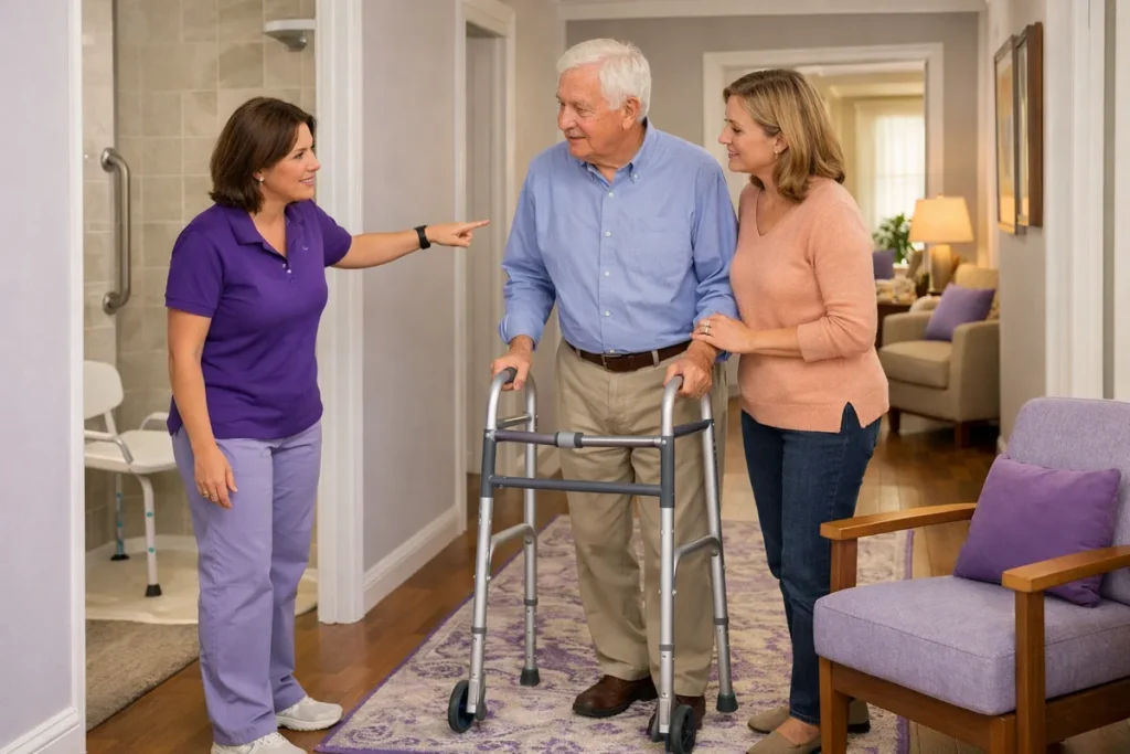 Occupational therapist reviewing home safety modifications with an older adult using a walker
