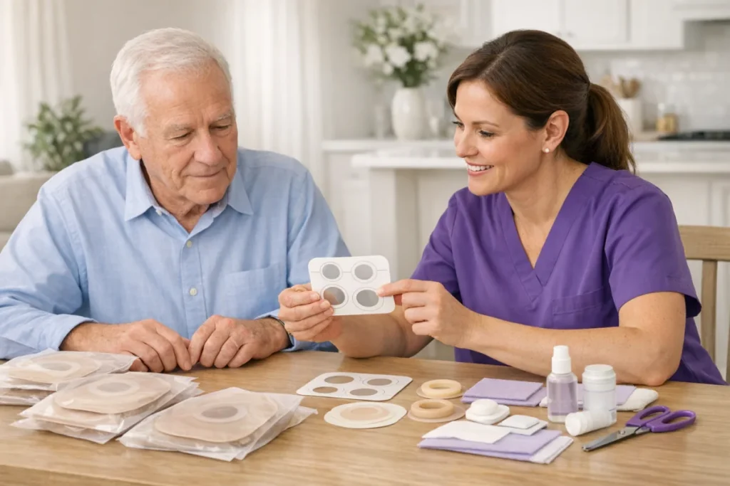 Home health nurse teaching ileostomy care supplies to an older adult patient at home