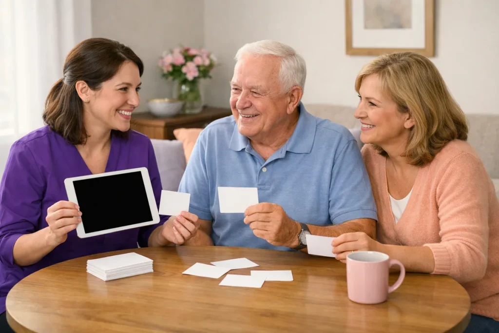 Speech therapist practicing communication with an older patient and caregiver at home