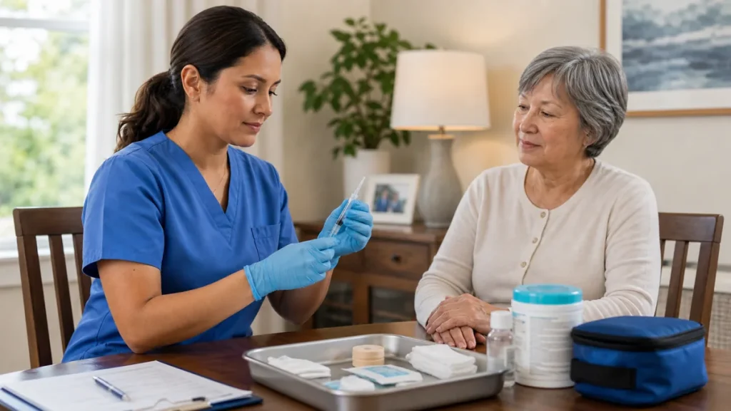 Home health nurse safely preparing an ordered injection while speaking with an older adult patient at home