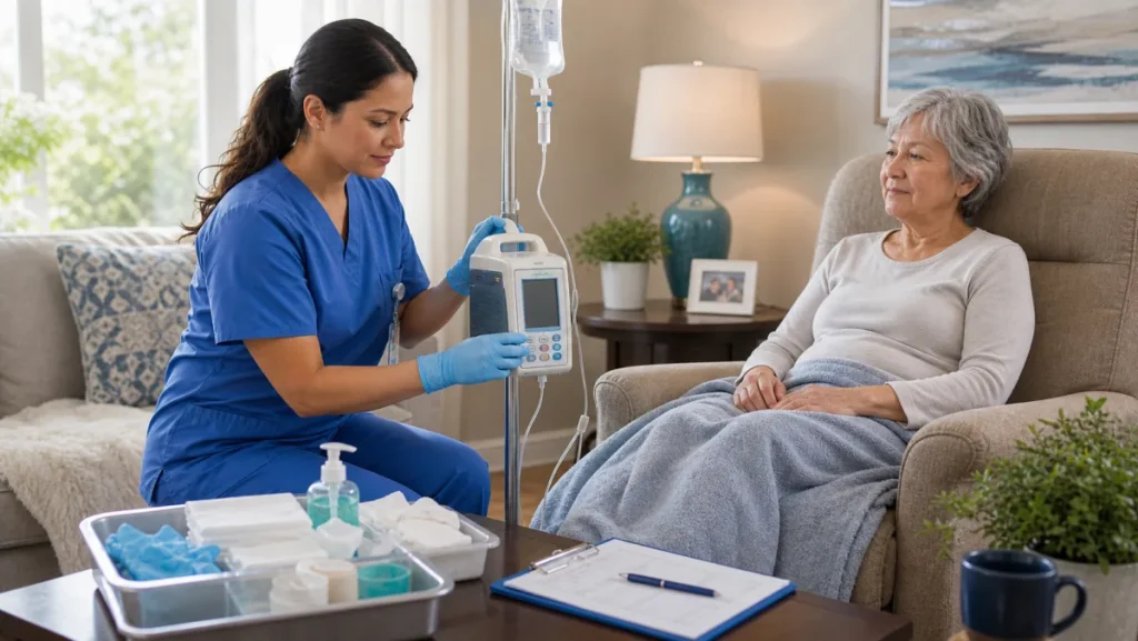 Home health nurse checking IV antibiotic infusion equipment for an older adult patient at home