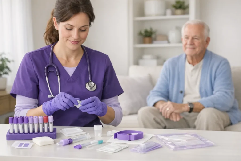 Home health nurse preparing lab draw supplies for an older adult patient in a clean home setting