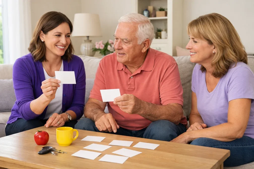Speech-language pathologist helping an older patient practice language therapy with caregiver support at home