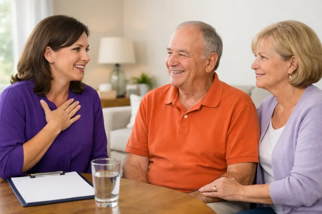 Speech-language pathologist coaching an older Parkinson's patient on voice-focused therapy at home