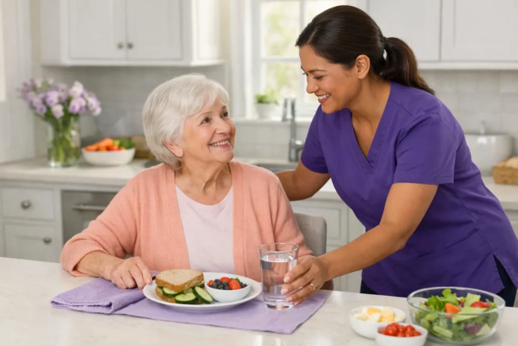 Home health aide helping an older patient with a light meal and water in a clean home kitchen