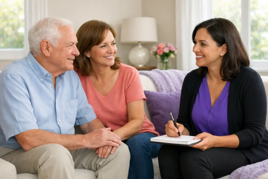 Medical social worker speaking with an older patient and family caregiver in a clean home living room