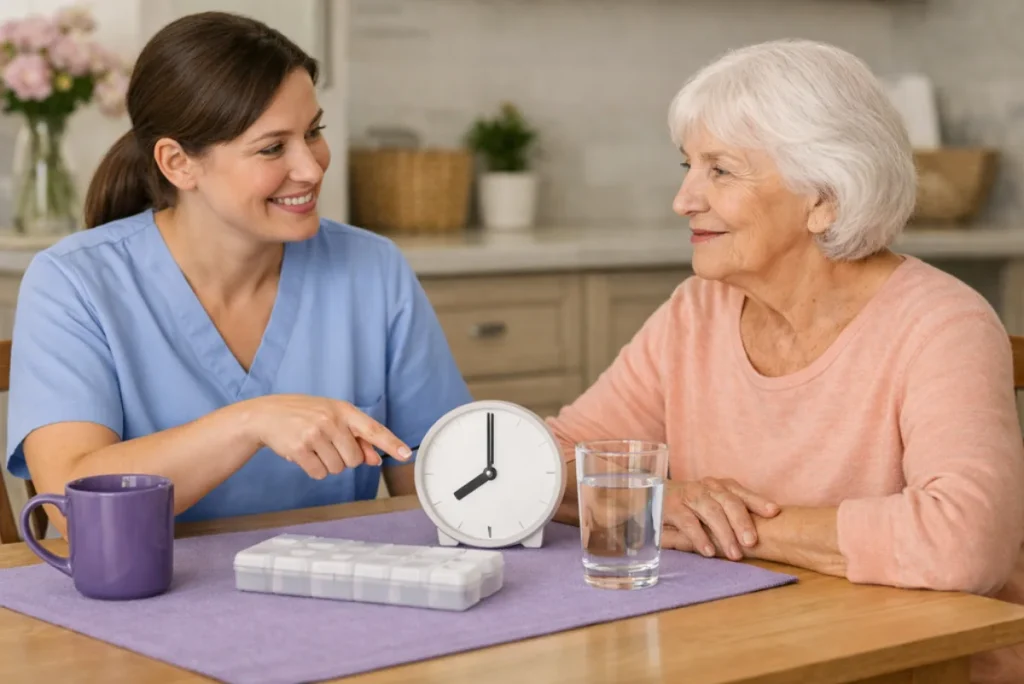 Home health aide providing routine medication reminder support with an older patient at a home table