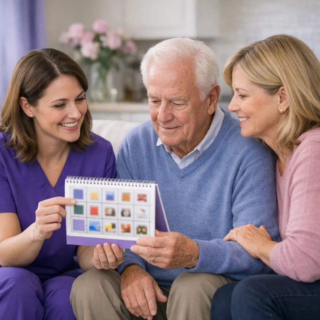 Therapist using visual cueing with an older patient and family caregiver during memory care at home