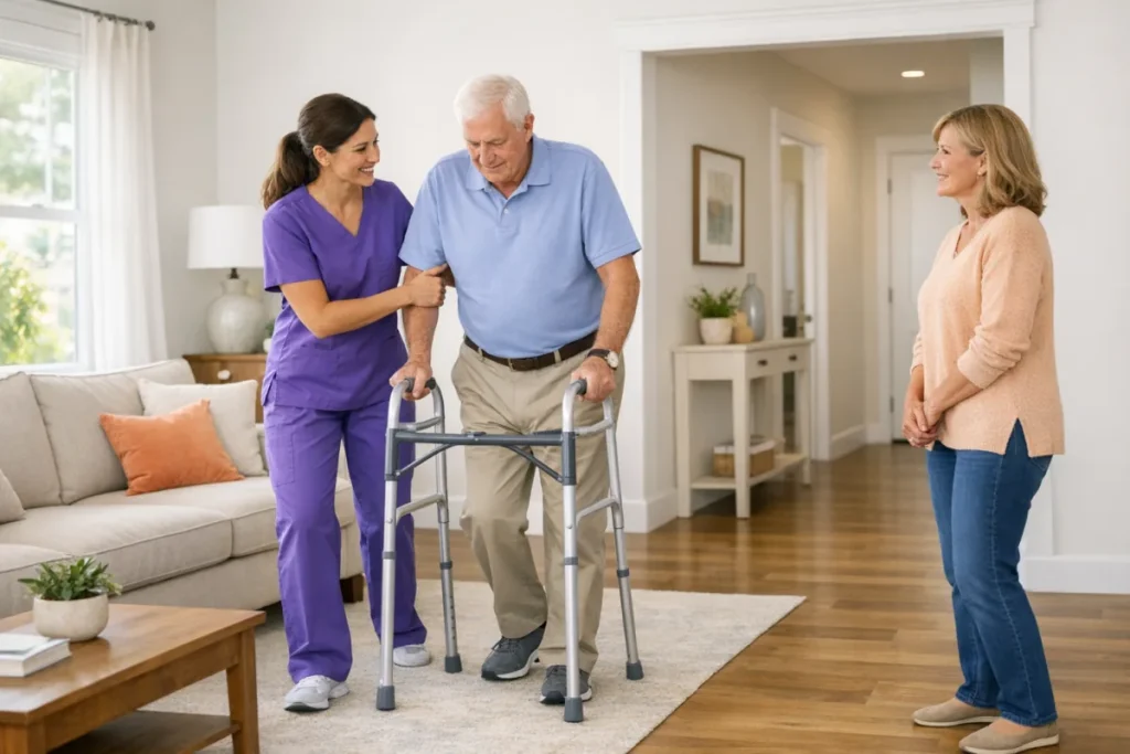 Physical therapist helping an older adult practice safe walking with a walker at home