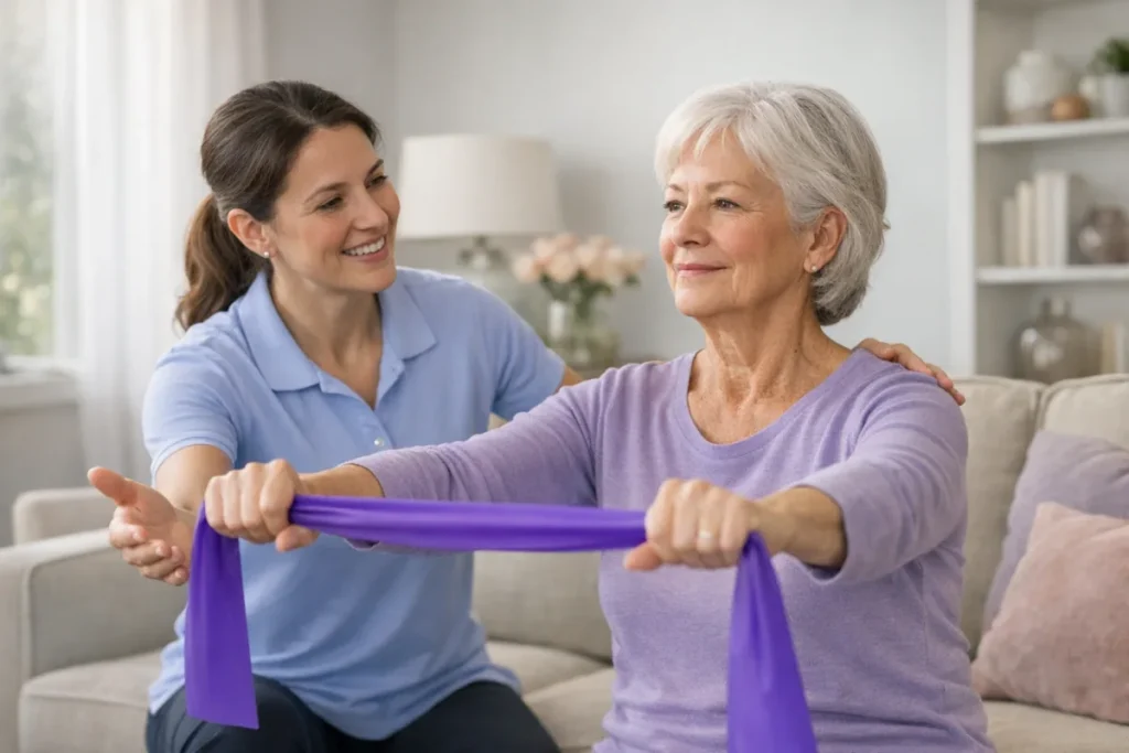 Physical therapist guiding an older adult through gentle pain management exercises at home