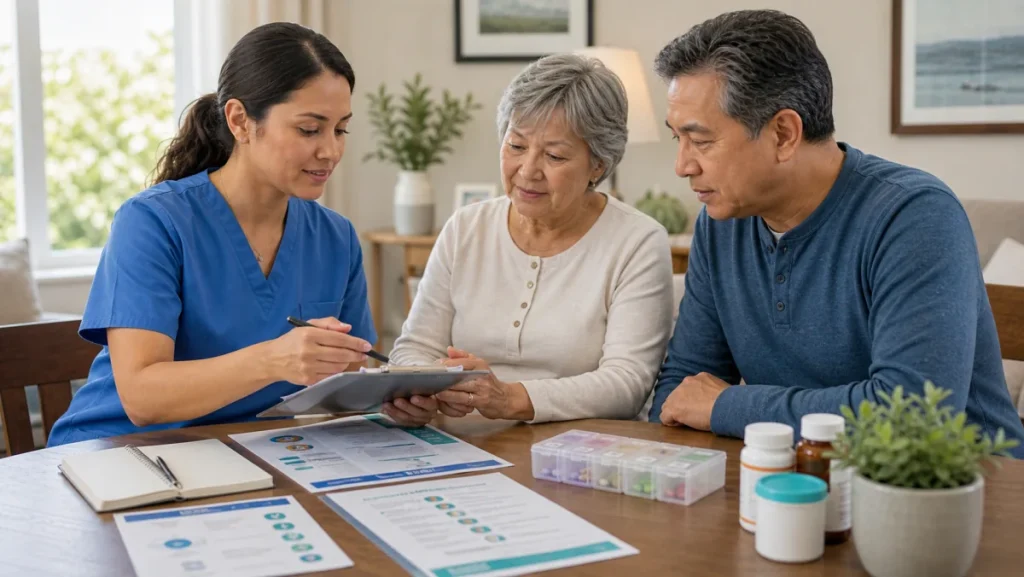 Home health nurse teaching an older adult patient and family caregiver with a home care checklist