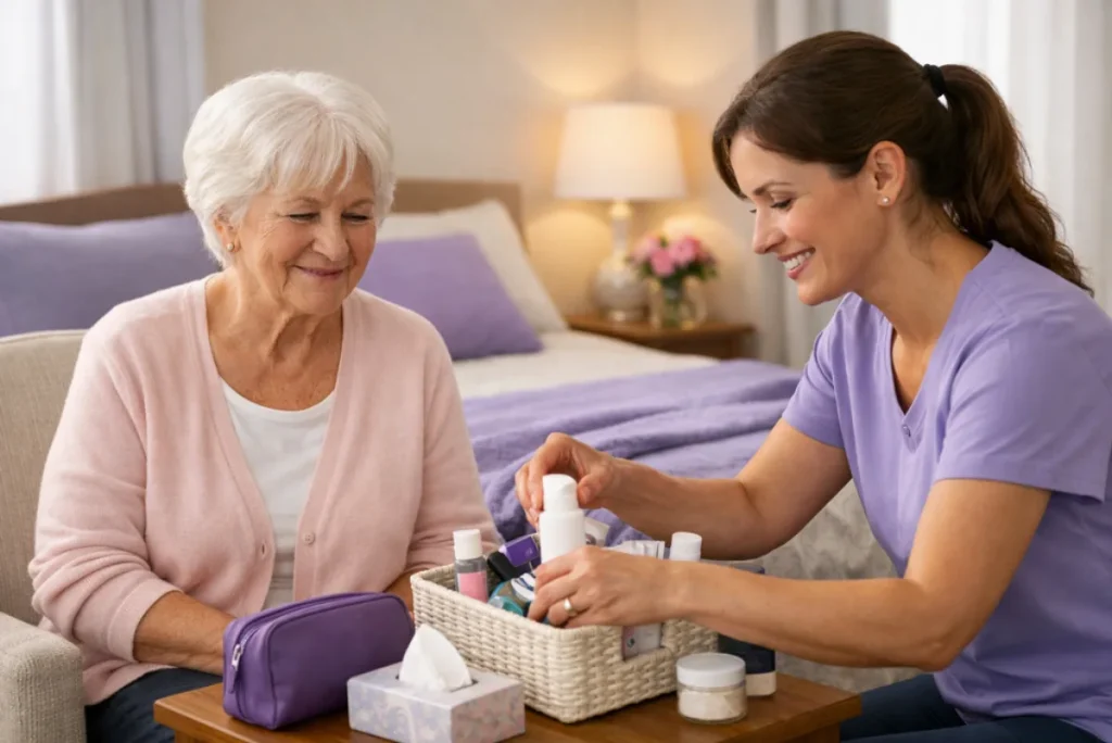 Home health aide organizing personal care supplies with an older patient in a bedroom setting