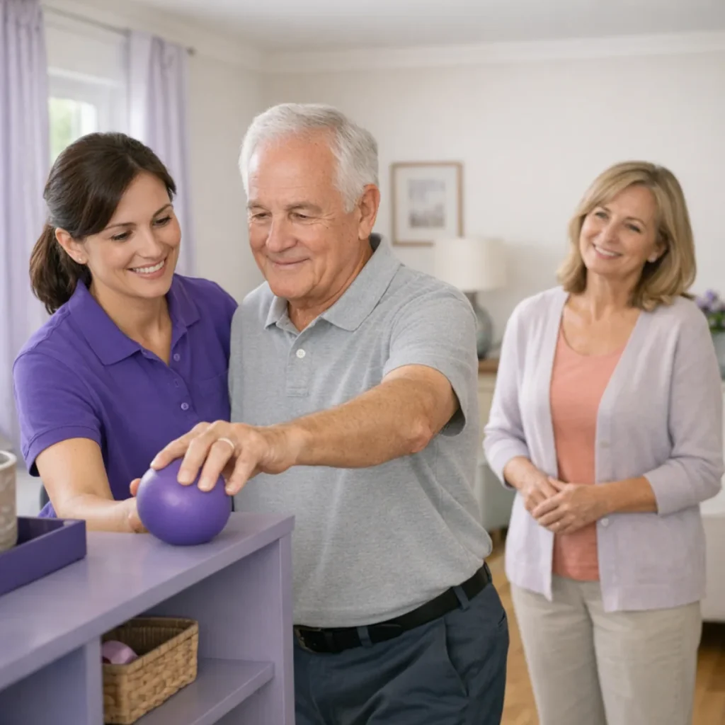 Home health therapist helping an older stroke survivor practice safe movement at home