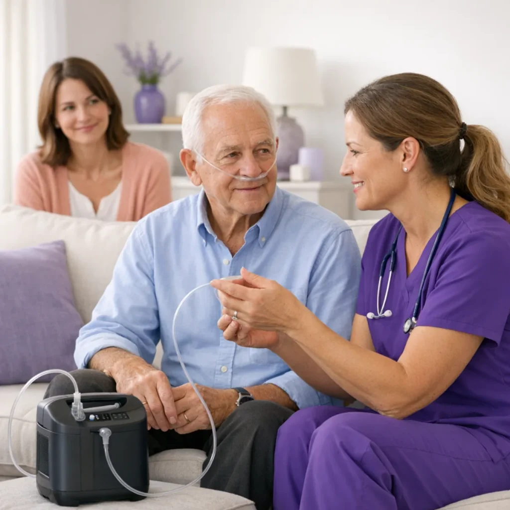 Home health clinician teaching oxygen safety and pulmonary care routines to an older patient at home
