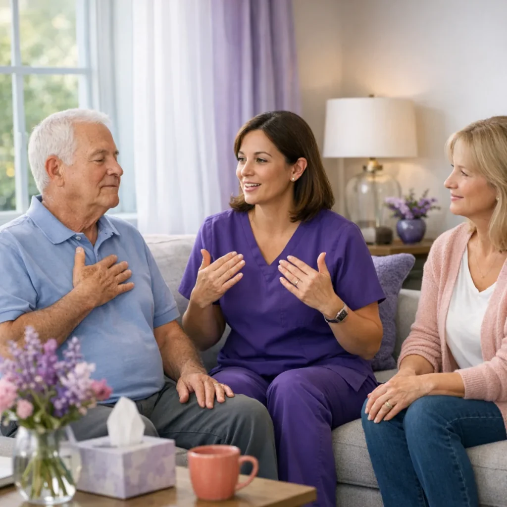 Home health nurse coaching an older patient and caregiver on safer respiratory care routines at home