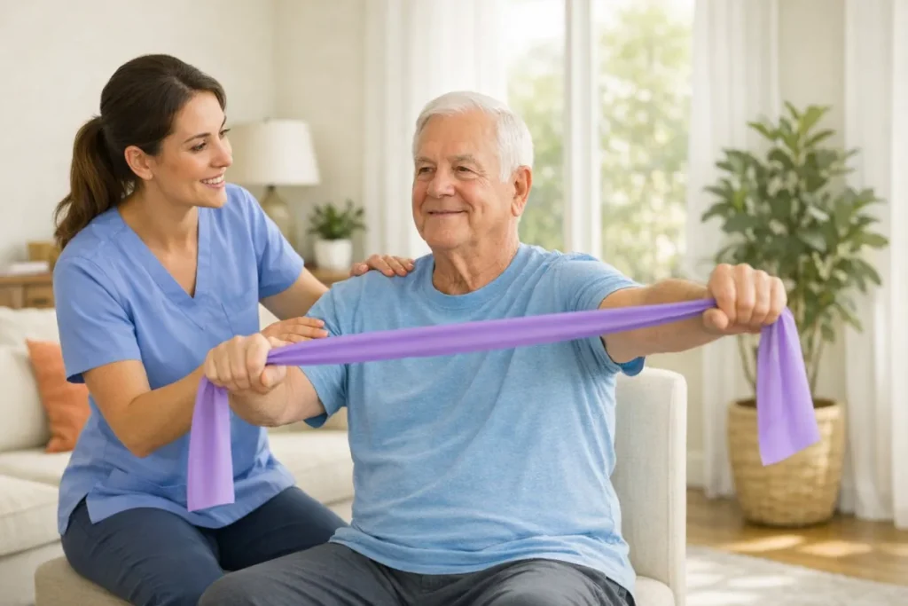 Physical therapist helping an older adult with gentle shoulder rehabilitation at home