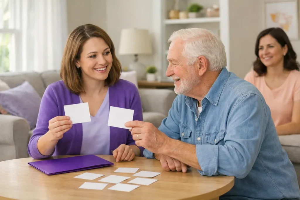 Speech-language pathologist helping an older patient communicate with caregiver support at home