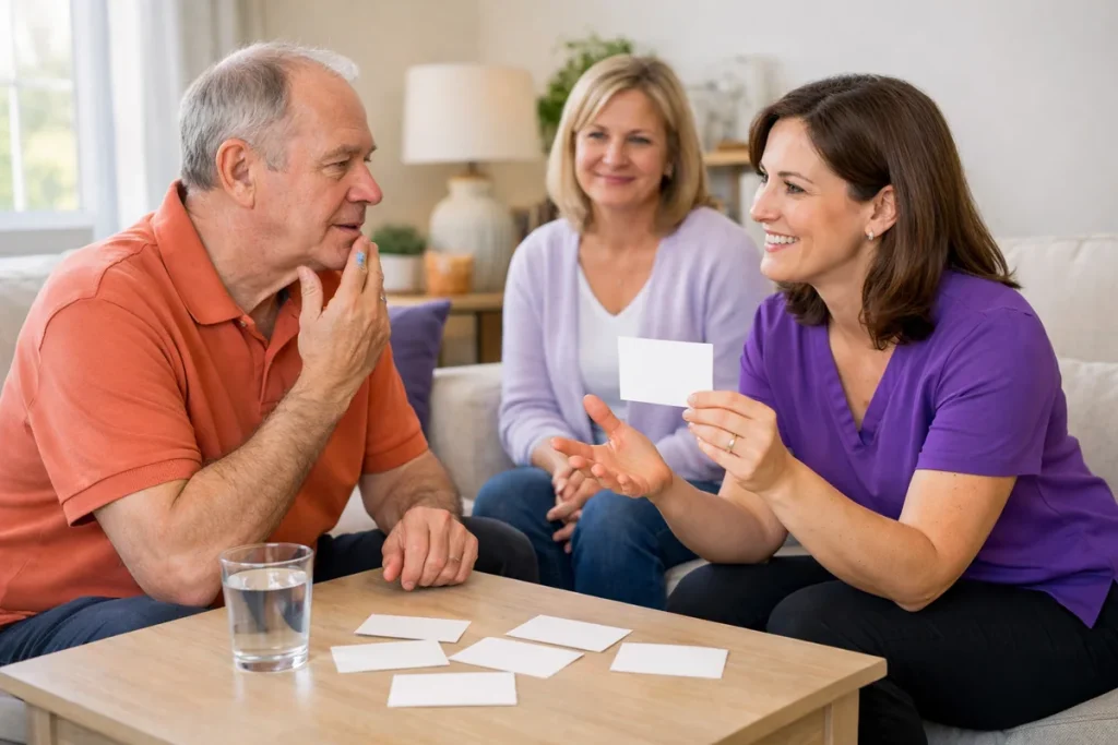 Speech-language pathologist helping an older Parkinson's patient practice communication at home with caregiver support