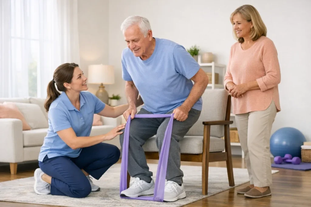 Physical therapist guiding an older adult through strengthening exercises at home