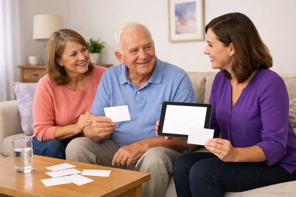 Speech-language pathologist supporting stroke speech rehab with an older patient and caregiver at home