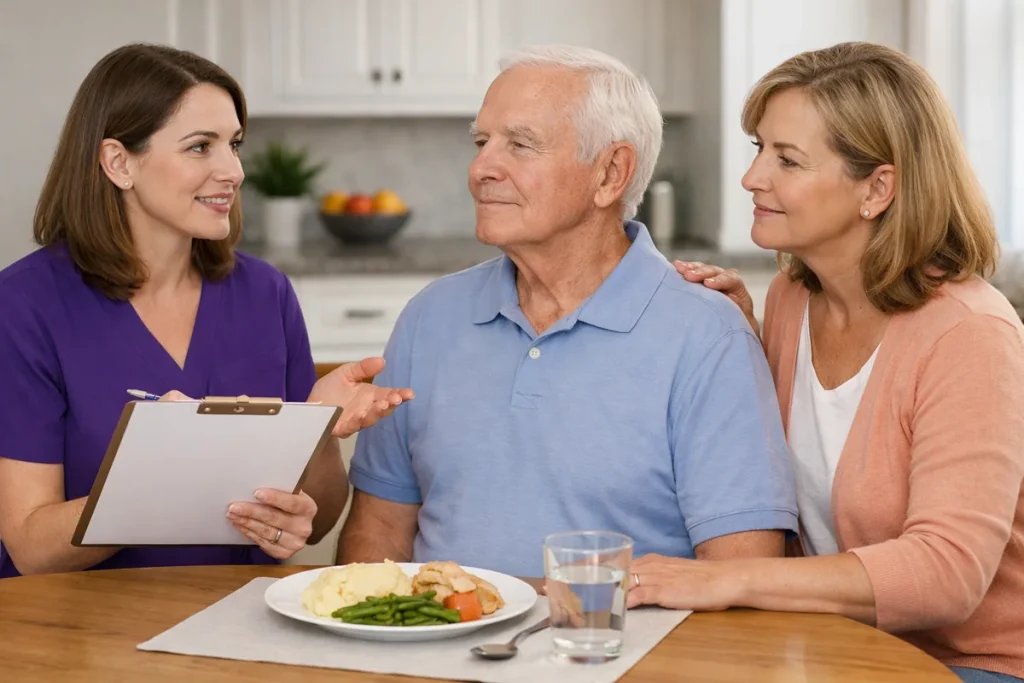 Speech-language pathologist performing a swallowing evaluation with an older patient and caregiver at home