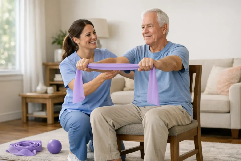 Physical therapist guiding an older adult through therapeutic exercises with a resistance band at home