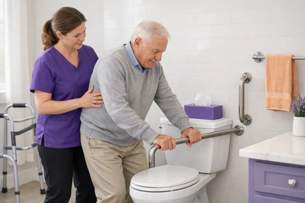 Occupational therapist coaching an older adult on safer toileting transfer setup at home