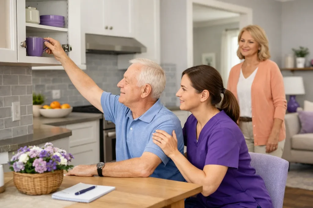 Occupational therapist helping an older adult practice upper extremity reaching at home