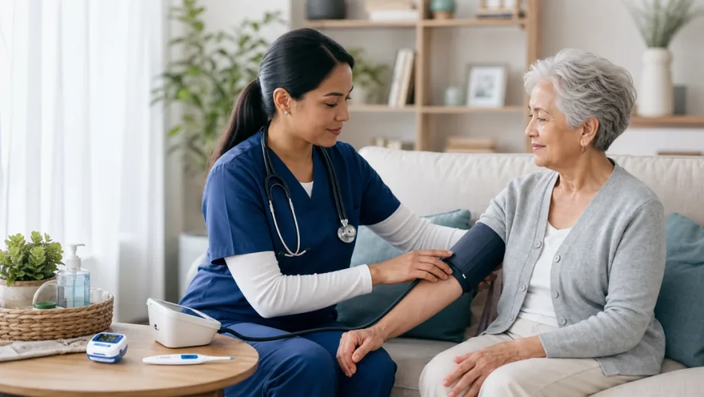 Home health nurse checking blood pressure for an older adult patient at home