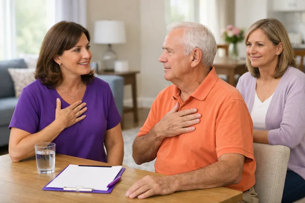 Speech-language pathologist coaching an older patient on voice therapy at home with caregiver nearby
