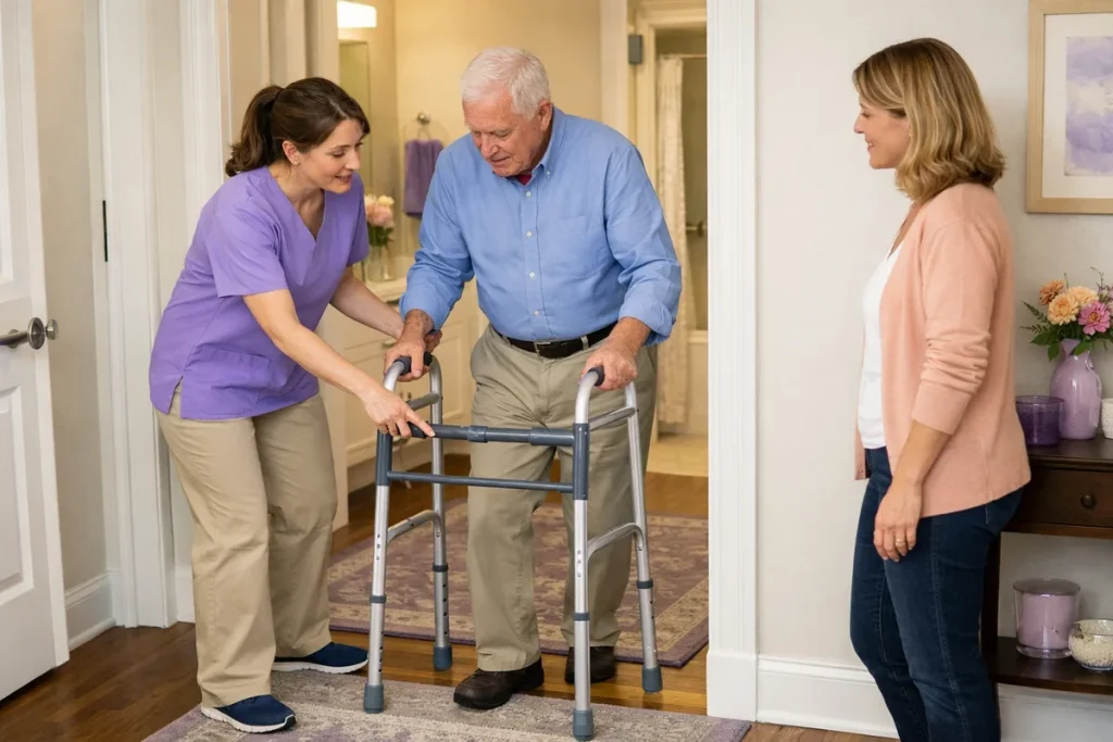Occupational therapist helping an older adult use a walker safely in a home hallway