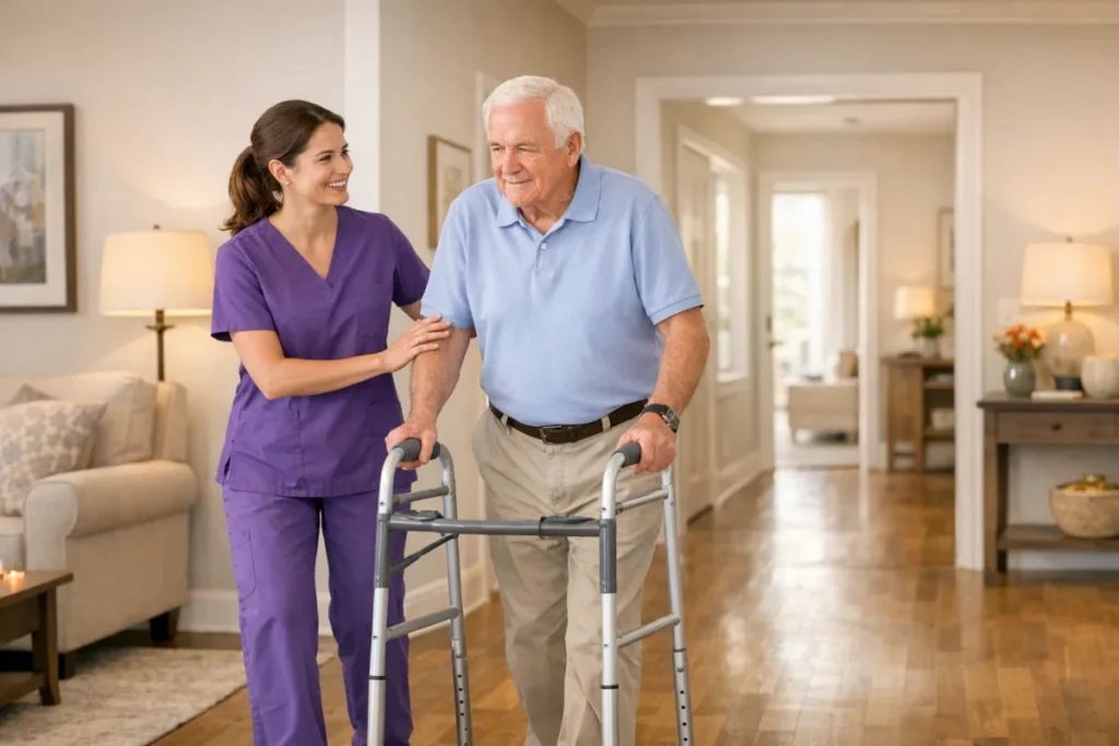 Physical therapist assisting an older adult with walking training in a home hallway