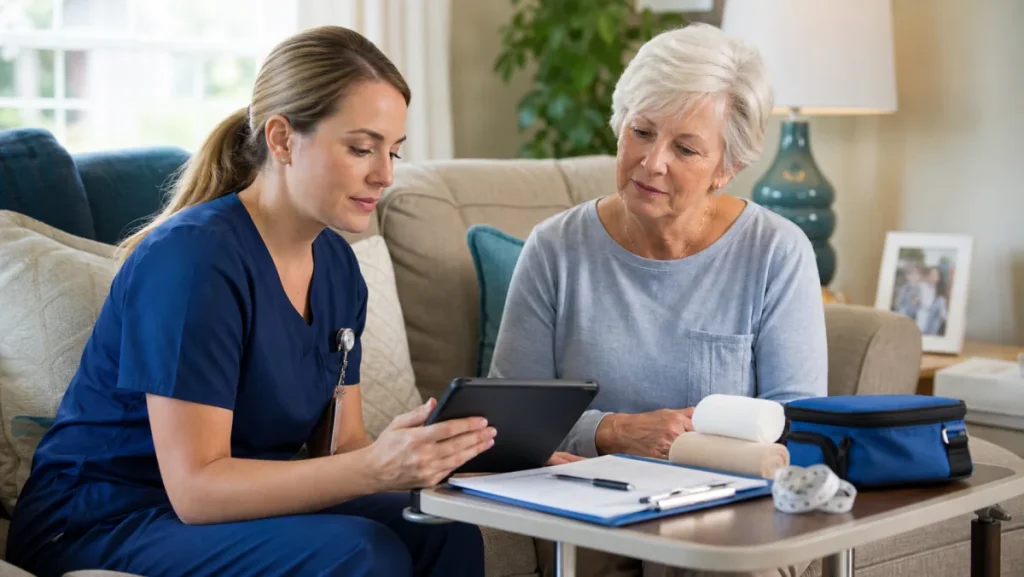 Home health nurse reviewing wound monitoring notes with an older adult patient at home
