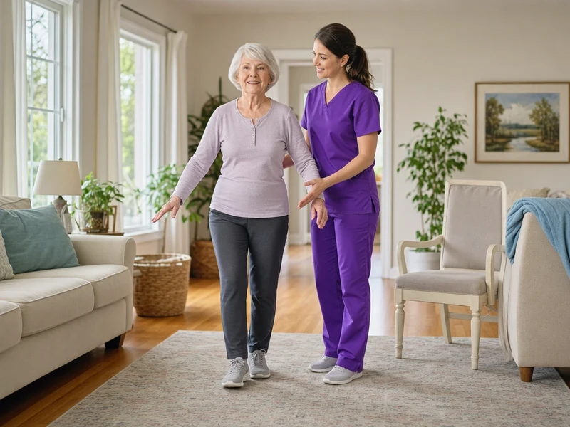A physical therapist in purple scrubs stands beside an older woman practicing standing balance in a bright living room.