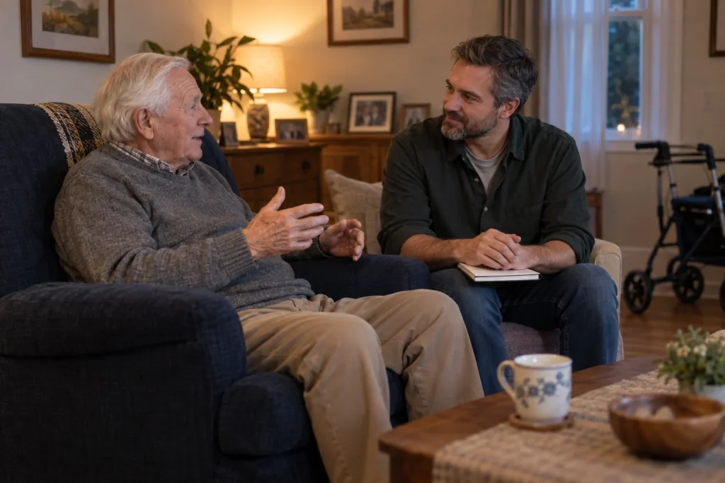 An adult son listens to his older father while making notes about daily movement at home.