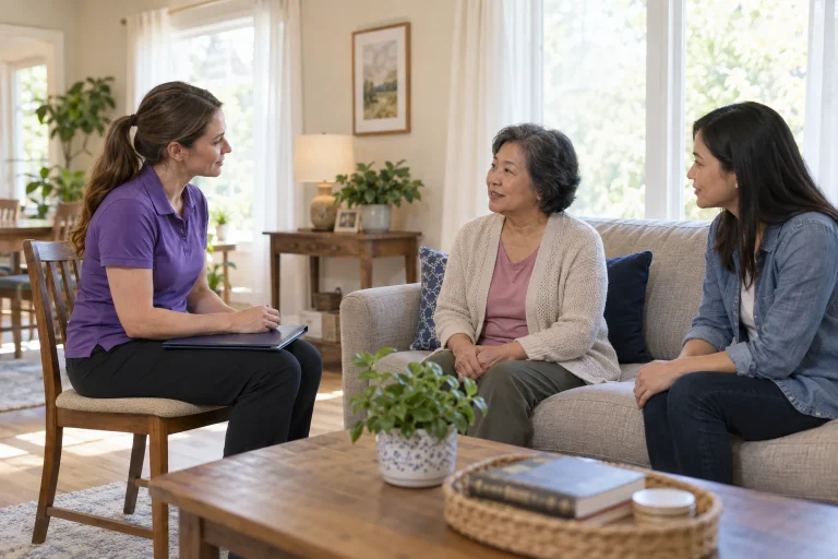 A physical therapist meets an older woman and her family member for a first visit in a bright living room.
