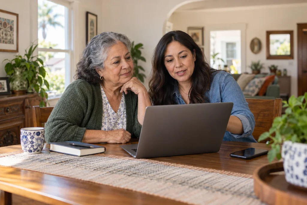 An older woman and her adult daughter explore care information together at a dining table at home.