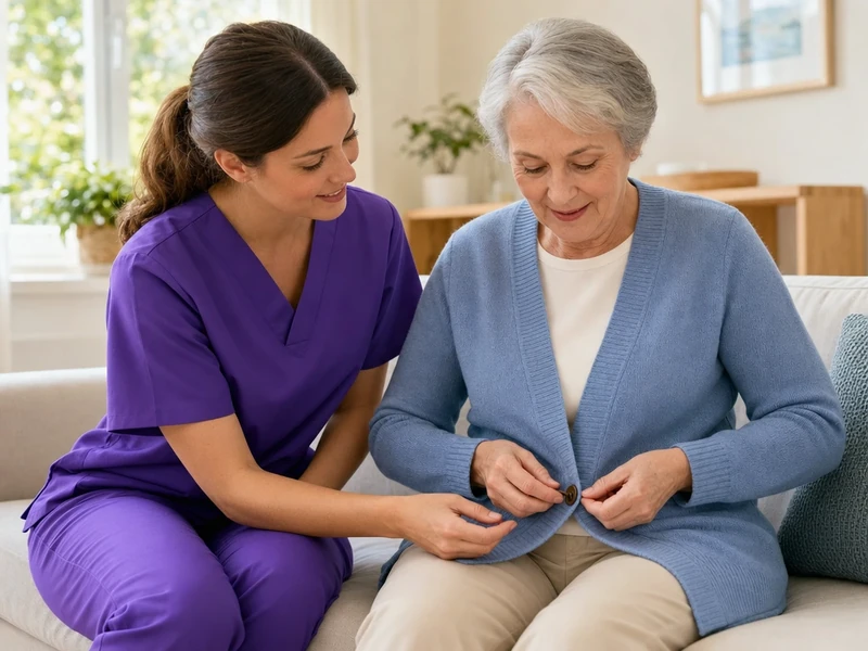 An occupational therapist in purple scrubs helps an older woman practice buttoning her cardigan while seated on a couch at home.