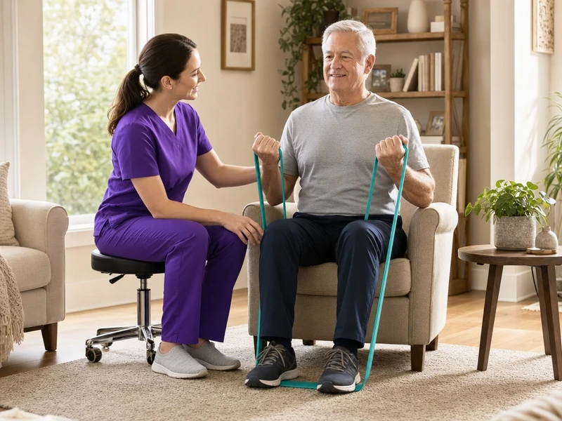 A physical therapist in purple scrubs guides an older man through a seated resistance-band strengthening exercise in his living room.